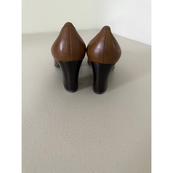 Etienne Aigner Brown Tan Leather Square Toe Bow Low Block Heels Pumps 8 1/2 - Picture 4 of 6